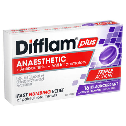 Difflam Plus Anaesthetic Sugar Free Lozenges Blackcurrant Flavour 16 Lozenges