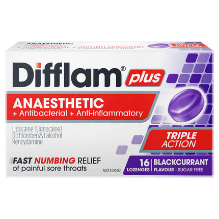 Difflam Plus Anaesthetic Sugar Free Lozenges Blackcurrant Flavour 16 Lozenges