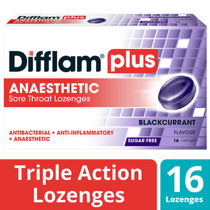 Difflam Plus Anaesthetic Sugar Free Lozenges Blackcurrant Flavour 16 Lozenges