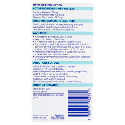 Gaviscon Dual Action Heartburn & Indigestion Relief Peppermint 16 Chewable Tablets