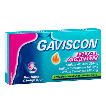 Gaviscon Dual Action Heartburn & Indigestion Relief Peppermint 16 Chewable Tablets