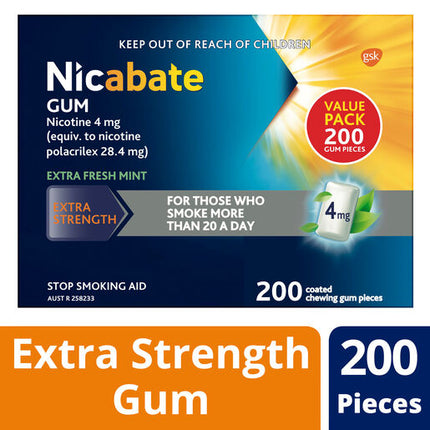 Nicabate Gum Stop Smoking Nicotine 4mg Extra Strength Extra Fresh Mint Coated Chewing Gum 200 Pack