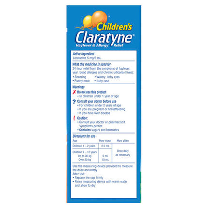 Claratyne Children's Hayfever & Allergy Relief 1-12 Years Peach Flavour 150mL