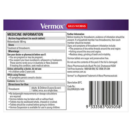 Vermox Worming Treatment Orange 4 Tablets