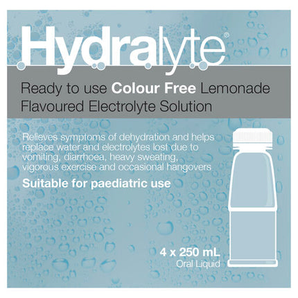 Hydralyte Ready to use Electrolyte Solution Colour Free Lemonade 4 x 250mL