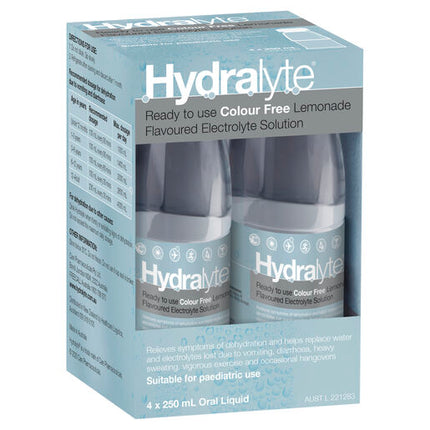 Hydralyte Ready to use Electrolyte Solution Colour Free Lemonade 4 x 250mL