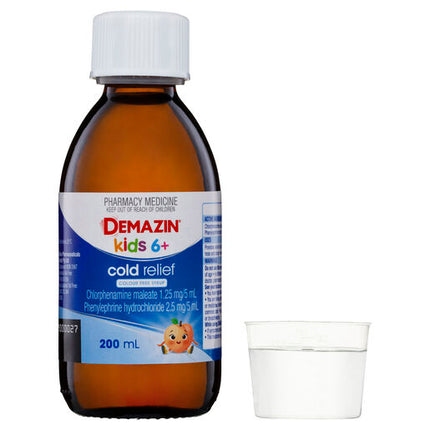 Demazin Kids 6+ Cold Relief Colour Free Syrup Peach & Vanilla Flavour 200mL
