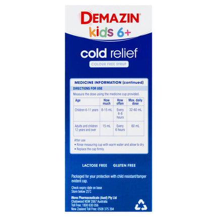 Demazin Kids 6+ Cold Relief Colour Free Syrup Peach & Vanilla Flavour 200mL