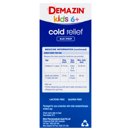 Demazin Kids 6+ Cold Relief Blue Syrup 200mL