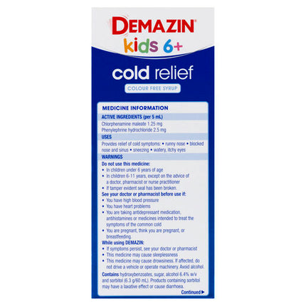 Demazin Kids 6+ Cold Relief Colour Free Syrup Peach & Vanilla Flavour 200mL