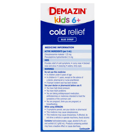 Demazin Kids 6+ Cold Relief Blue Syrup 200mL