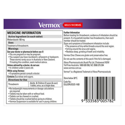 Vermox Worming Treatment Choc Chews 4 Tablets