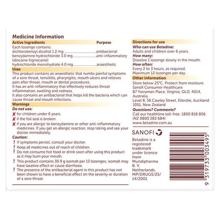 Betadine Anaesthetic Lozenges Honey and Lemon 36 Pack