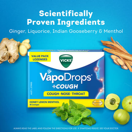 Vicks VapoDrops +Cough Honey Lemon Menthol 36 Lozenges
