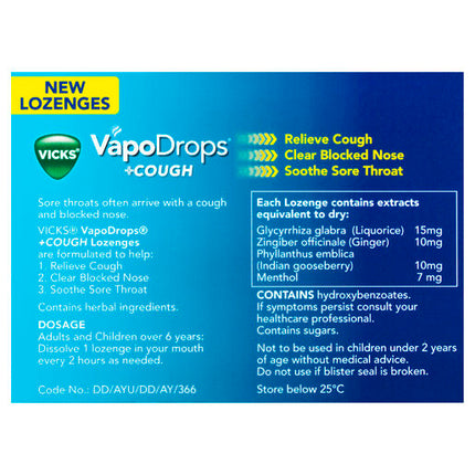 Vicks VapoDrops +Cough Honey Lemon Menthol 36 Lozenges
