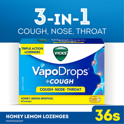 Vicks VapoDrops +Cough Honey Lemon Menthol 36 Lozenges