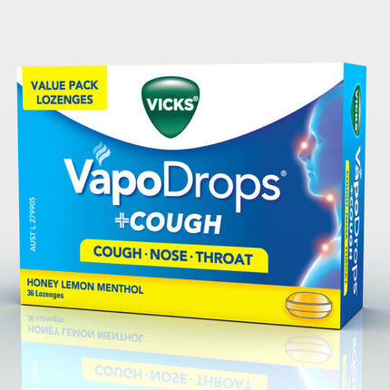 Vicks VapoDrops +Cough Honey Lemon Menthol 36 Lozenges