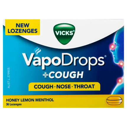 Vicks VapoDrops +Cough Honey Lemon Menthol 36 Lozenges