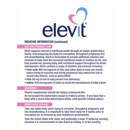 Elevit Pre-Conception and Pregnancy Multivitamin Tablets 100 pack (100 days)