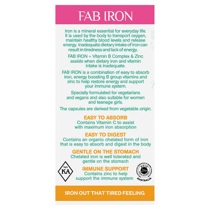 FAB Iron + Vitamin B Complex & Zinc 60 Capsules