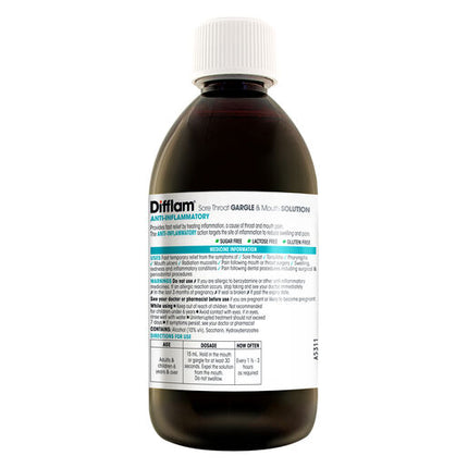 Difflam Sore Throat Gargle & Mouth Solution Anti-Inflammatory 500mL