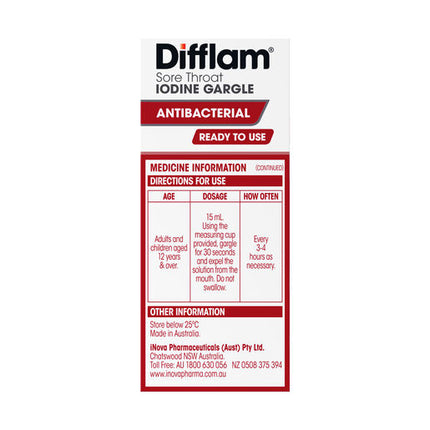 Difflam Ready to Use Sore Throat Gargle with Iodine 200mL