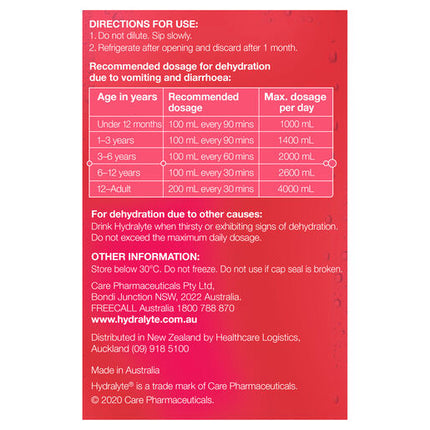 Hydralyte Strawberry Kiwi Flavoured Electrolyte Liquid 4 x 250mL