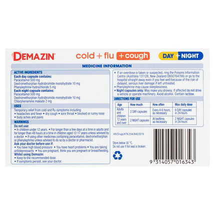 Demazin Cold & Flu + Cough Day + Night 48 Capsules