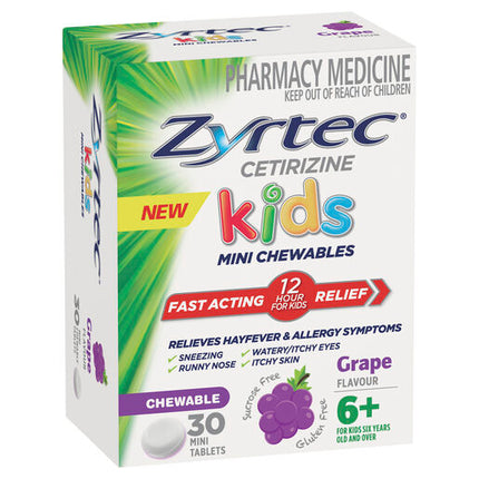 Zyrtec Kids Allergy & Hayfever Chewable Tablets Grape 30 Pack