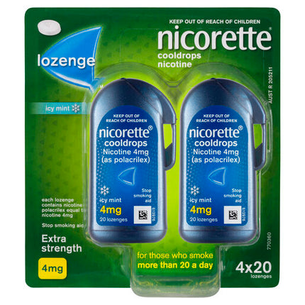Nicorette Quit Smoking Extra Strength Cooldrops Nicotine Lozenge Icy Mint 4 x 20 Pack