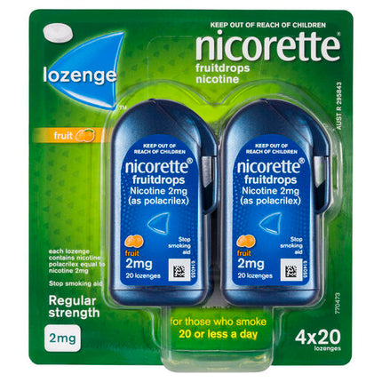 Nicorette Quit Smoking Regular Strength Nicotine Lozenge Fruitdrops 4 x 20 Pack