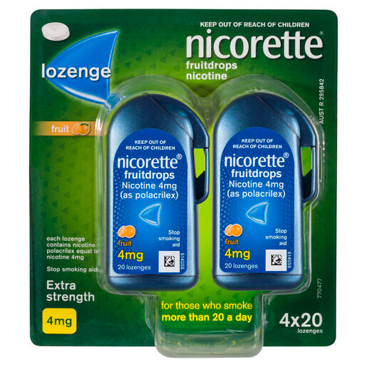 Nicorette Quit Smoking Extra Strength Nicotine Lozenge Fruitdrops 4 x 20 Pack