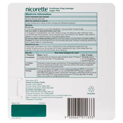 Nicorette Quit Smoking Regular Strength Nicotine Lozenge Fruitdrops 4 x 20 Pack
