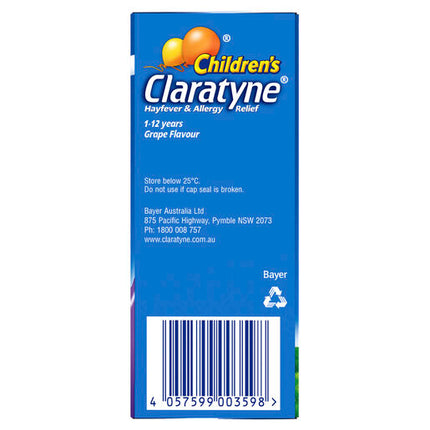Claratyne Children's Hayfever & Allergy Relief Antihistamine Grape Flavour Syrup 60mL