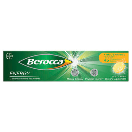 Berocca Energy Vitamin B & C Mango & Orange Flavour Effervescent Tablets 45 Pack