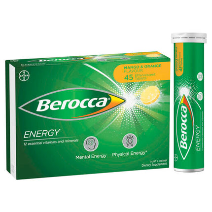 Berocca Energy Vitamin B & C Mango & Orange Flavour Effervescent Tablets 45 Pack