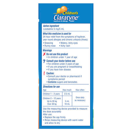 Claratyne Children's Hayfever & Allergy Relief 1-12 Years Peach Flavour 60mL