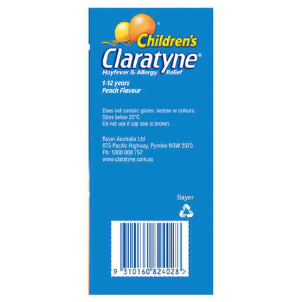 Claratyne Children's Hayfever & Allergy Relief 1-12 Years Peach Flavour 60mL