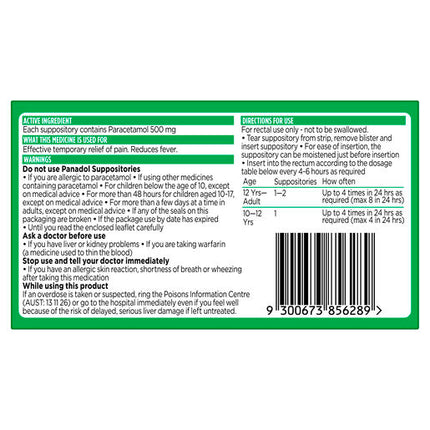 Panadol Suppositories 500mg 10 Pack
