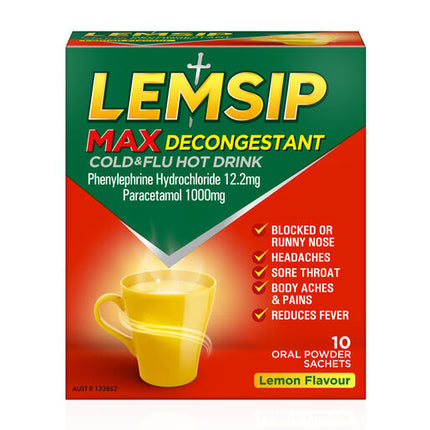 Lemsip Max Decongestant Cold and Flu Hot Drink Lemon 10 Pack