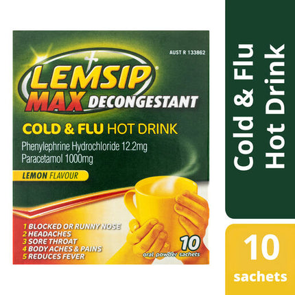 Lemsip Max Decongestant Cold and Flu Hot Drink Lemon 10 Pack