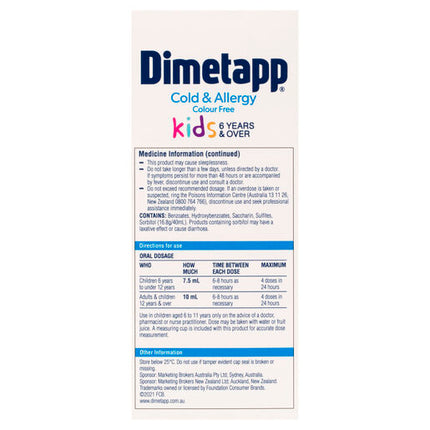 Dimetapp Cold and Allergy Colour Free 200ml