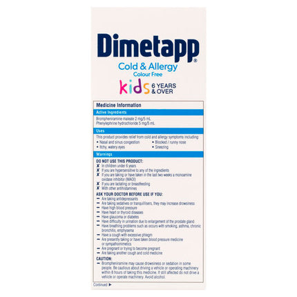 Dimetapp Cold and Allergy Colour Free 200ml