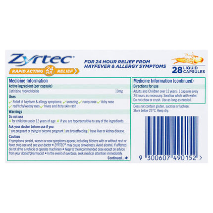 Zyrtec Rapid Acting Relief Hayfever & Allergy Liquid Capsules 28 Pack
