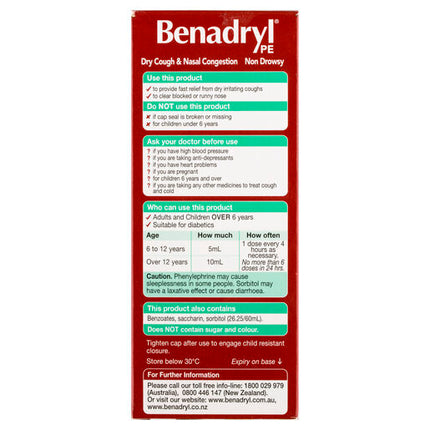 Benadryl PE Dry Cough & Nasal Congestion Non Drowsy Berry Flavour 200mL