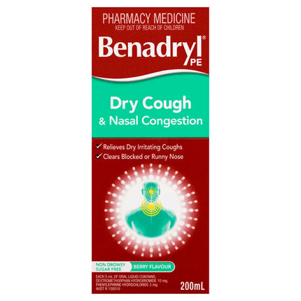 Benadryl PE Dry Cough & Nasal Congestion Non Drowsy Berry Flavour 200mL