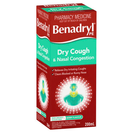 Benadryl PE Dry Cough & Nasal Congestion Non Drowsy Berry Flavour 200mL