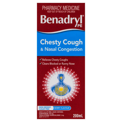 Benadryl PE Chesty Cough & Nasal Congestion Non Drowsy Berry Flavour 200mL