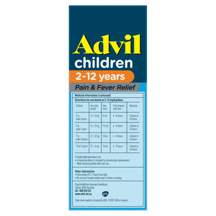 Advil Pain and Fever Relief Children's 2-12 Years 200mL