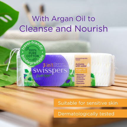 Swisspers 3in1 Argan Oil & Vitamin E Cleanser Infused Pads 60 Pack
